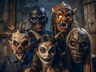 Halloween concept | Young people celebrate Halloween. Group of friends in various Halloween spooky costumes pretend that they are walking dead and walking like zombies in room with red light