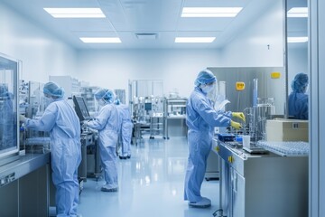 Workers in Protective Gear Operating Machinery in a Clean Room Environment