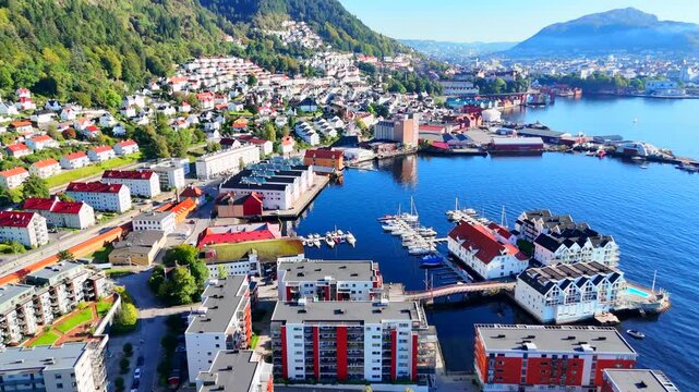Aerial drone shot of district Sandviken in Bergen, Norway