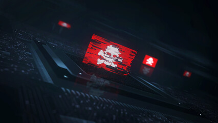 Fototapeta premium Pirates skull digital technology flag on computer CPU
