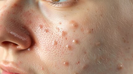 Fototapeta premium Close-up of a person's face with acne, showcasing the texture and appearance of the skin.