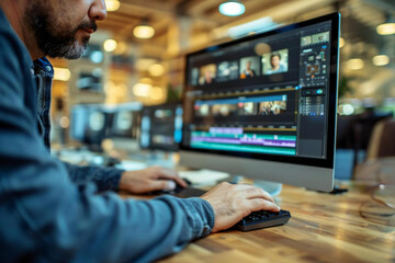 Editing Video on Computer by Male Editor at Wooden Desk