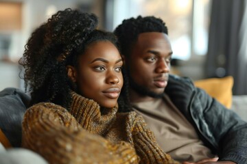 Obraz premium Contemplating Buying a Home: Smiling Couple Enjoying Time Together on the Sofa
