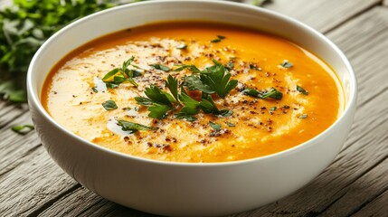 Pumpkin and coconut milk soup, garnished with fresh herbs, served in a modern white bowl, isolated on a soft wooden surface