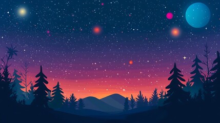 Fototapeta premium Silhouetted Trees Against a Starry Night Sky with a Large Blue Planet and Red Stars