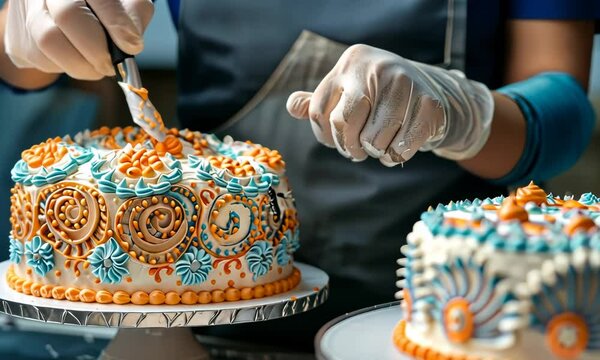 A person is decorating a cake with a knife 4K Video