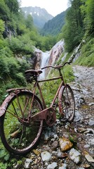 Fototapeta premium Old Bicycle Abandoned in the Middle of the Forest Covered with Vegetation, Photo Realistic, Standard Background, Wallpaper, Cover and Screen for Smartphone, PC, Laptop, 9:16 and 16:9 Format