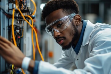 Close-up of a man in a lab coat, wearing safety glasses, inspecting industrial machinery
