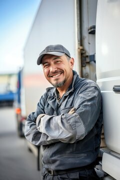 Happy truck driver leaning on his truck, embodying reliability and professionalism in the logistics and transportation industry