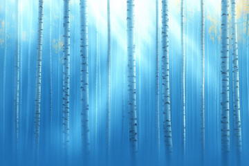 Sunlight filtering through misty blue forest of tall trees during early morning hours