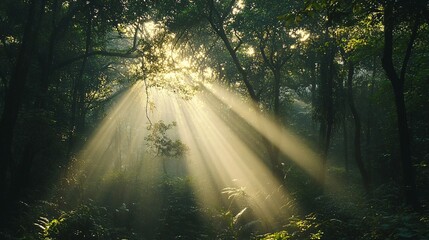 Obraz premium Sunbeams Illuminating a Dense Forest Floor