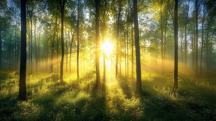 Fototapeta premium Sunbeams Illuminating a Misty Forest