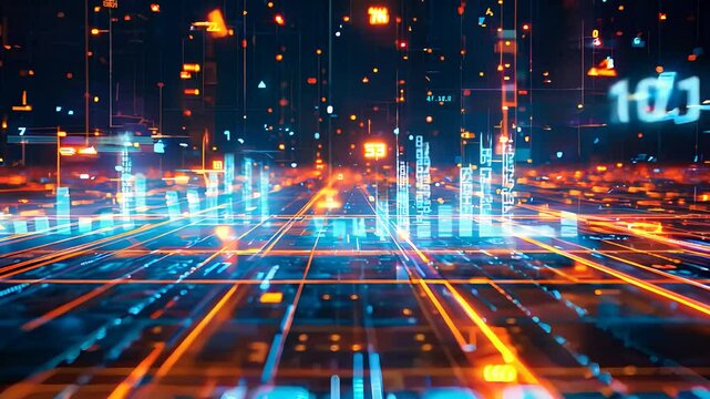  Futuristic digital data visualization with glowing graphs and numerical analysis showcasing advanced technology and information networks