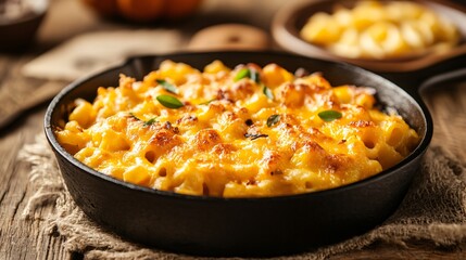 Pumpkin mac and cheese, served in a cast iron skillet, isolated on a rustic wooden table with a warm background