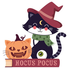 Katze mit Katzenkürbis auf einem Buch