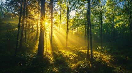 Obraz premium Sunbeams Illuminating a Dense Forest at Dawn