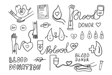 Blood donor in doodle style. blood type, blood bag, donate blood, blood donation, blood transfusion. Hand drawn. Set of healthcare and medicine vector illustration