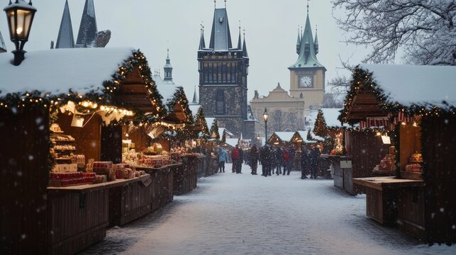 prague christmas market on charles bridge, snow-covered stalls with lights and decorations, historic european buildings in the background, soft-focus, people strolling through, a festive scene