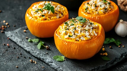Pumpkin-stuffed bell peppers with rice and herbs, isolated on a dark stone background