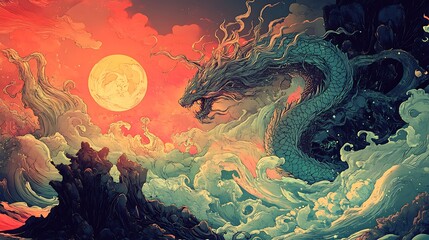 A Green Dragon Emerging from the Clouds with a Full Moon in the Sky