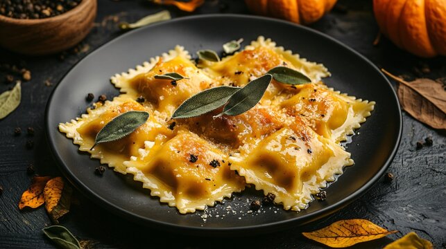 Pumpkin stuffed ravioli with browned butter and crispy sage, isolated on a sleek black plate with a cozy autumn background