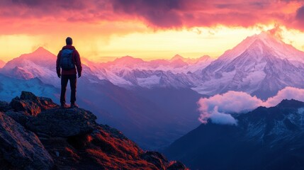 Fototapeta premium Hiker admiring the breathtaking sunset view over majestic mountains at dusk in a serene landscape