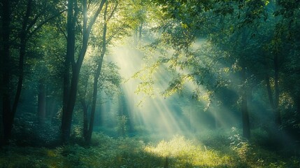 Obraz premium Sunbeams Piercing Through a Dense Green Forest