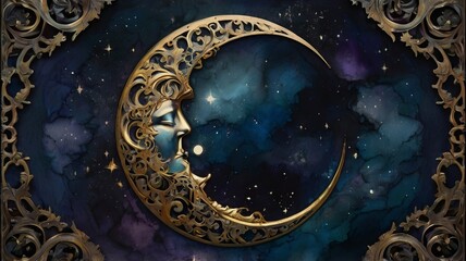 Naklejka premium In the ethereal realm of the cosmic arts, a moon module draped in celestial glam-goth intricacies captivates the eye. The main subject is a detailed depiction of a dark moon adorned with shimmering