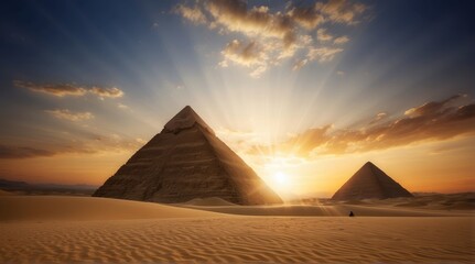Illustrate a aerial shot of the Egyptian desert at sunrise. The pyramids of Giza are bathed in an orange glow, with the Great Sphinx in the background. Convey the vastness and ancient beauty