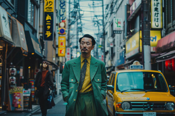 Full portrait of the Japanese man, wearing green bright business suits, wearing a yellow shirts inside the jacket, wearing a blue tie.