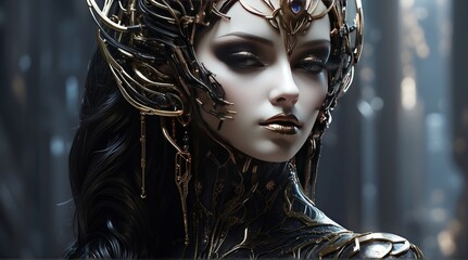 A strikingly elegant android, adorned in glam-goth style, exudes an aura of dark allure and futuristic sophistication. This concept art piece showcases