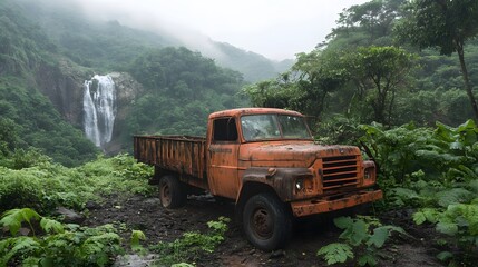 Old Truck Abandoned in the Middle of the Forest Covered with Vegetation, Photo Realistic, Standard Background, Wallpaper, Cover and Screen for Smartphone, PC, Laptop, 9:16 and 16:9 Format