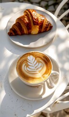 fresh delicious baked french croissant with cappuccino or latte coffee cup with milk foam