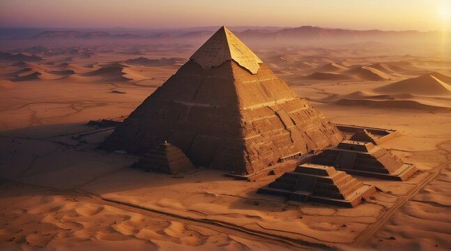 Equal-sided, quadrangular pyramid of smooth, shining in the sun, white marble, with a base of 230 meters and a height of 146.6 meters, the sides of the pyramid are new, whole, stands in the desert