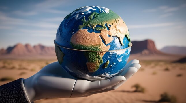 robot holding a small rotating planet, reflecting futuristic exploration