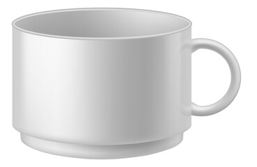 A white cup with a handle sits on a white background