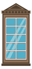 A window with a brown frame and blue glass