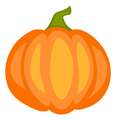 A cartoonish orange pumpkin with a green stem