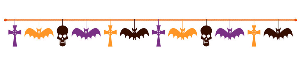 A Halloween decoration with bats and skulls hanging from a line