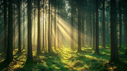 Naklejka premium Sunbeams illuminating a path through a dense, mossy forest