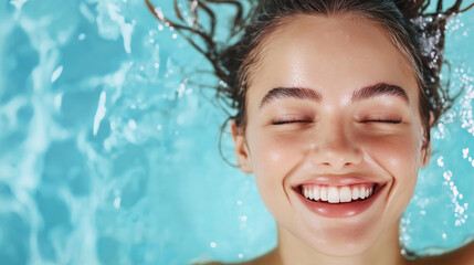 A joyful woman with smooth, clear skin smiling widely, her expression full of vitality and beauty, the spa-like environment around her creating a sense of freshness and rejuvenatio