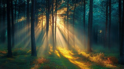 Naklejka premium Sunlight Streaming Through Dense Forest Trees