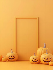 A frame with a bunch of pumpkins and a pumpkin with a smiley face