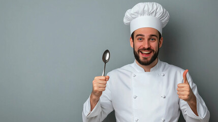 A professional chef in a crisp white uniform, holding a spoon in one hand and giving a thumbs up with the other, set against a minimal background, symbolizing culinary success.