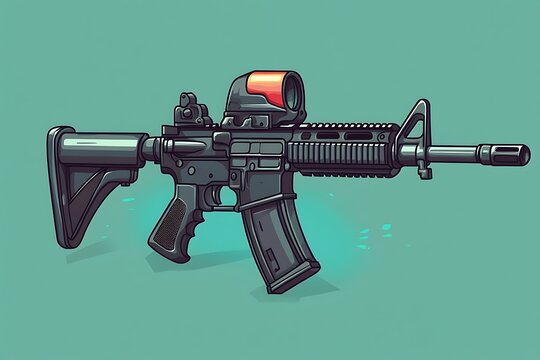 recommend clip art: Cartoon illustration of a black semi automatic rifle with red dot sight.
