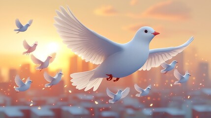 Fototapeta premium A serene scene of a white dove flying among a flock at sunset, symbolizing peace and freedom in an urban environment.