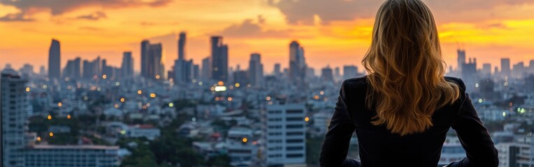 Fototapeta na wymiar A successful businesswoman reflects on her ambitions, admiring the sunset over the city