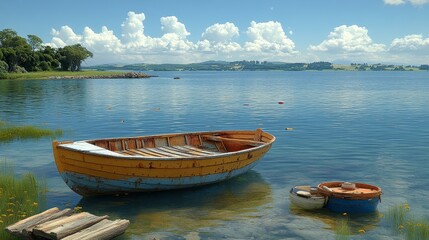Obraz premium A serene view of a wooden boat floating on calm water under a bright blue sky adorned with fluffy clouds.