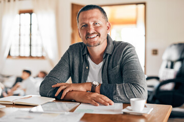 Obraz premium Man, portrait and paperwork with tablet in home for planning budget, savings plan and insurance application form. Person, smile or documents for finance expenses, invoices or digital banking at table