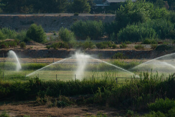 The irrigation of the agricultural landscape and the green crops in the fields are done with a professional water sprinkler system. 